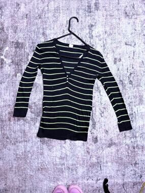VTG J.Crew Top XS Henley Blue Striped Long Sleeve Ribbed Y2K Sheer